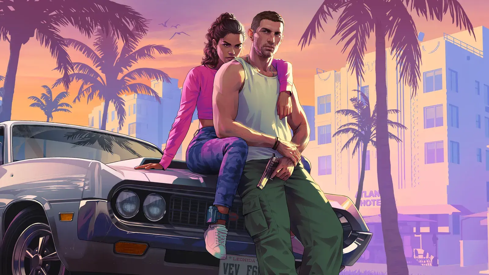 Key art: Jason and Lucia in front of the Vice City skyline