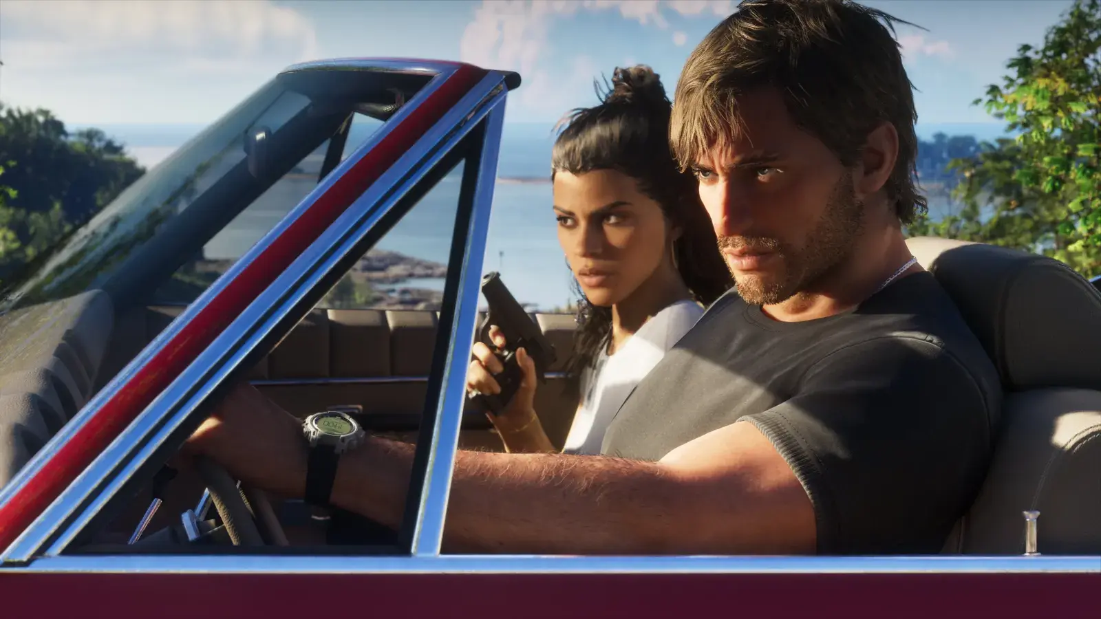 Jason and Lucia in a convertible